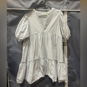 Vine & Love Blue Striped Puff Sleeve Blouse